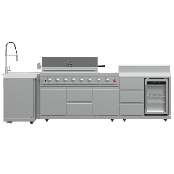 FORNO Bulnes 40-Inch BBQ, 95,000 BTU, 5 Burners, Sear & Rotisserie Infrared with Side Burner, Stainless Steel Outdoor Kitchen with 1.8 cu.ft. Beverage Center & White Sintered Stone Countertops
