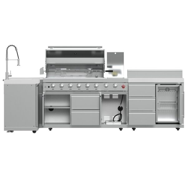 FORNO Bulnes 40-Inch BBQ, 95,000 BTU, 5 Burners, Sear & Rotisserie Infrared with Side Burner, Stainless Steel Outdoor Kitchen with 1.8 cu.ft. Beverage Center & White Sintered Stone Countertops