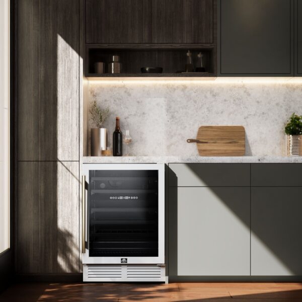 Forno Bacchino 24 Inch Wine Cooler, White with Antique Brass Handles, with LED Lighting, Triple Glass Door, 51 Bottle Capacity, Built-In or Freestanding