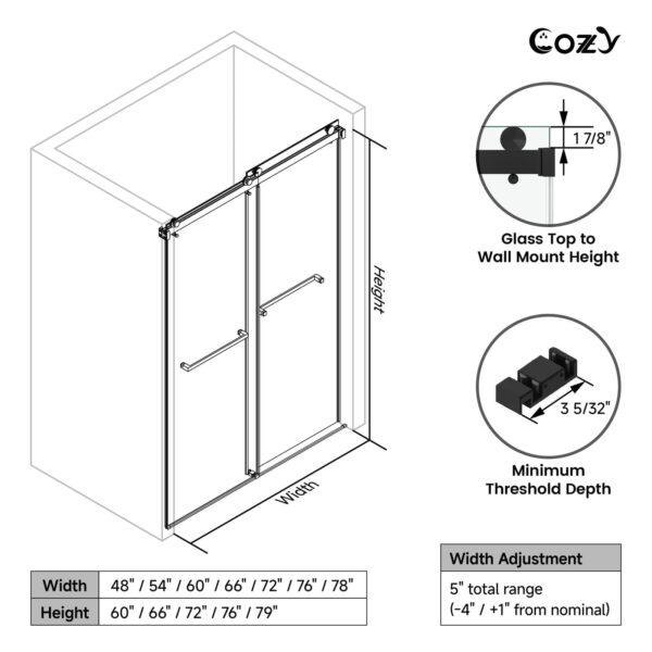 Cozy 44"-49"W x 76"H Frameless Double Sliding Shower Door, 3/8" Tempered Glass