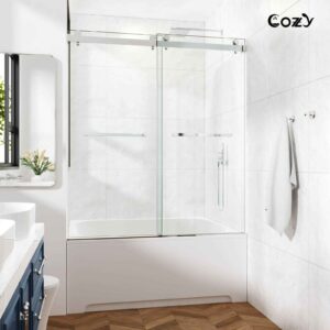 Cozy 56"-61"W x 60"H Frameless Double Sliding Tub Door, 3/8" Tempered Glass