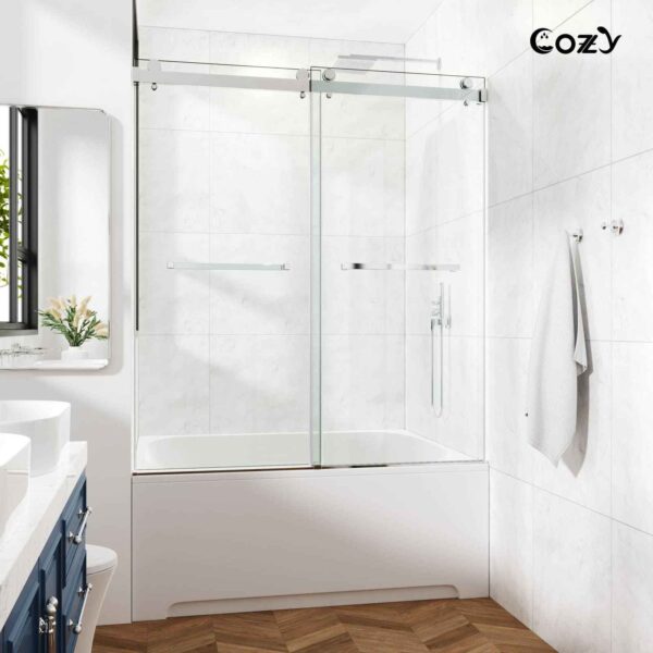 Cozy 56"-61"W x 60"H Frameless Double Sliding Tub Door, 3/8" Tempered Glass