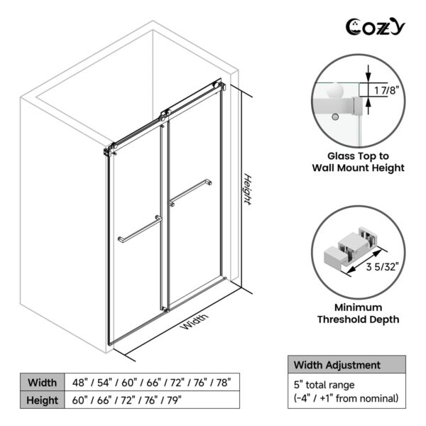 Cozy 44"-49"W x 76"H Frameless Double Sliding Shower Door, 3/8" Tempered Glass