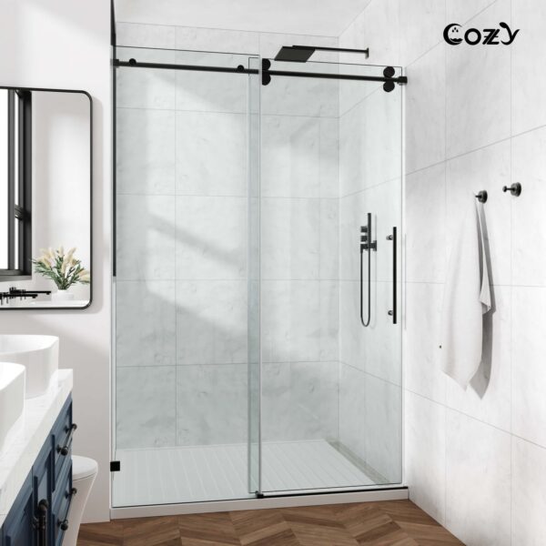 56-61" W x 72" H Frameless Single Sliding Shower Door with 3/8" (10mm) Clear Tempered Glass, Shatter-Resistant Film