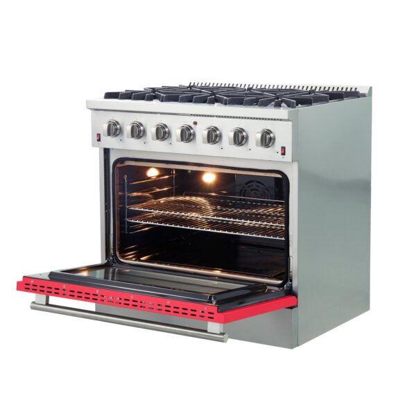 Forno Galiano 36-Inch Freestanding Gas Range, Stainless Steel, 6 Burners, Energy Efficient, Red Door
