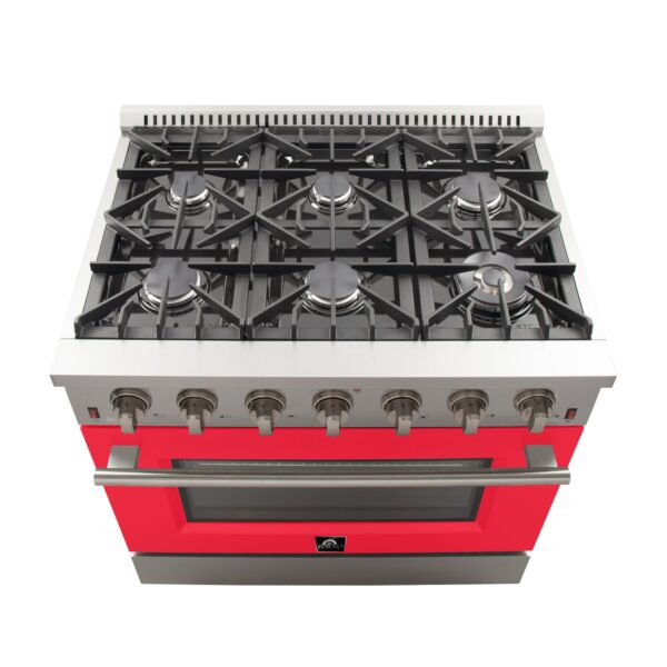 Forno Galiano 36-Inch Freestanding Gas Range, Stainless Steel, 6 Burners, Energy Efficient, Red Door
