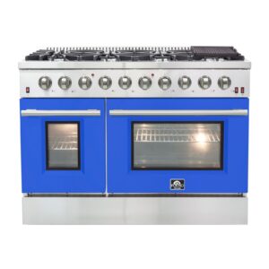 Forno Galiano 48-Inch Freestanding Gas Range, Stainless Steel, 8 Burners, 107,000 BTU, Griddle, Double Ovens, Energy Efficient, Blue Doors