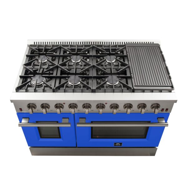 Forno Galiano 48-Inch Freestanding Gas Range, Stainless Steel, 8 Burners, 107,000 BTU, Griddle, Double Ovens, Energy Efficient, Blue Doors