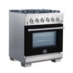 Forno Capriasca 30-Inch Freestanding Gas Range, 4 Burners, True Convection Oven, Black Door