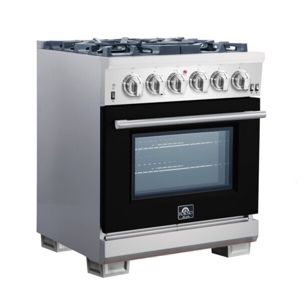 Forno Capriasca 30-Inch Freestanding Gas Range, 4 Burners, True Convection Oven, Black Door