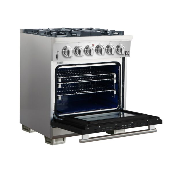 Forno Capriasca 30-Inch Freestanding Gas Range, 4 Burners, True Convection Oven, Black Door