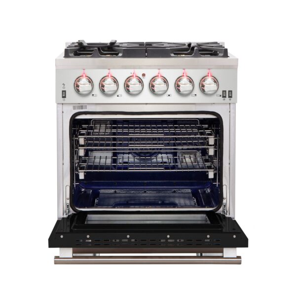 Forno Capriasca 30-Inch Freestanding Gas Range, 4 Burners, True Convection Oven, Black Door