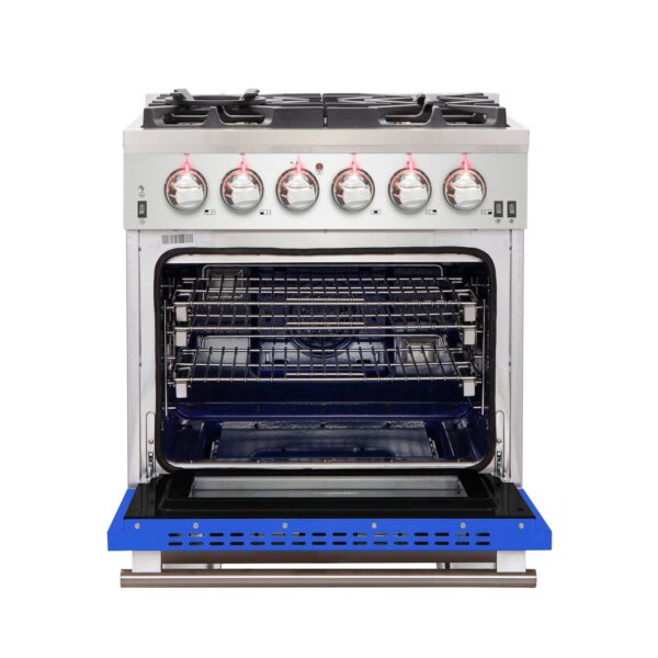 Forno Capriasca 30-Inch Freestanding Gas Range, 4 Burners, True Convection Oven, Blue Door