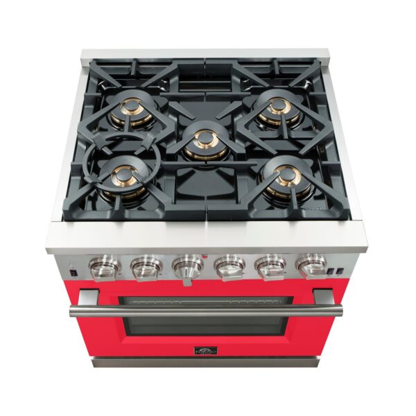 Forno Capriasca 30-Inch Freestanding Gas Range, 4 Burners, True Convection Oven, Red Door