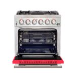 Forno Capriasca 30-Inch Freestanding Gas Range, 4 Burners, True Convection Oven, Red Door