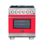 Forno Capriasca 30-Inch Freestanding Gas Range, 4 Burners, True Convection Oven, Red Door