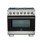 Forno Capriasca 36-Inch Gas Range, Stainless Steel, 6 Brass Burners, 120,000 BTU, Convection Oven, Energy Efficient, Black door