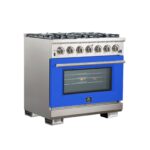 Forno Capriasca 36-Inch Gas Range, Stainless Steel, 6 Brass Burners, 120,000 BTU, Convection Oven, Energy Efficient, Blue Door