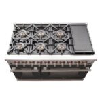 FORNO Capriasca 48-inch Gas Range Stainless Steel, 8 Brass Burners 160,000 BTU, 6.58 cu.ft. Double Oven, Black Doors