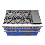 FORNO Capriasca 48-inch Gas Range Stainless Steel, 8 Brass Burners 160,000 BTU, 6.58 cu.ft. Double Oven, Blue Doors