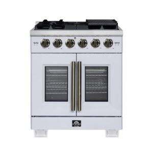 Forno Capriasca 30-Inch White Freestanding French Door Gas Range, 4 Burners, Convection Oven, Energy Efficient