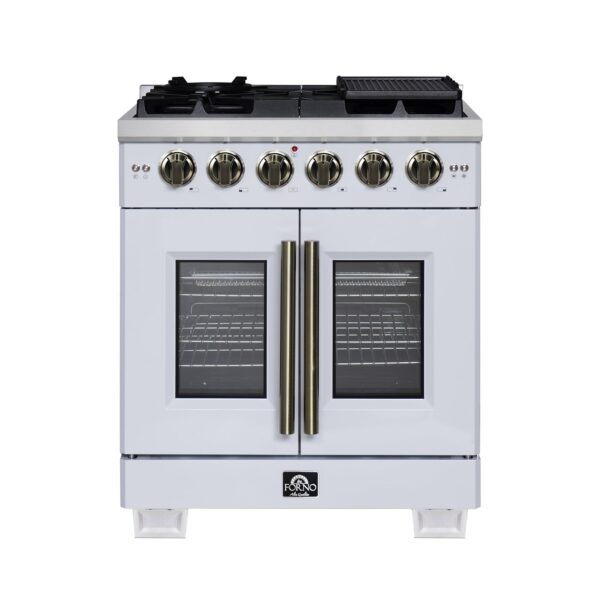 Forno Capriasca 30-Inch White Freestanding French Door Gas Range, 4 Burners, Convection Oven, Energy Efficient