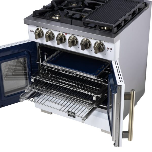 Forno Capriasca 30-Inch White Freestanding French Door Gas Range, 4 Burners, Convection Oven, Energy Efficient