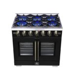 Forno Capriasca 36-Inch Black Freestanding French Door Gas Range, 6 Burners, Convection Oven, Energy Efficient