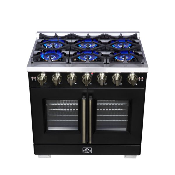 Forno Capriasca 36-Inch Black Freestanding French Door Gas Range, 6 Burners, Convection Oven, Energy Efficient