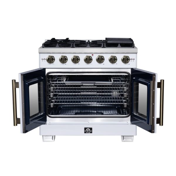 Forno Capriasca 36-Inch White Freestanding French Door Gas Range, 6 Burners, Convection Oven, Energy Efficient