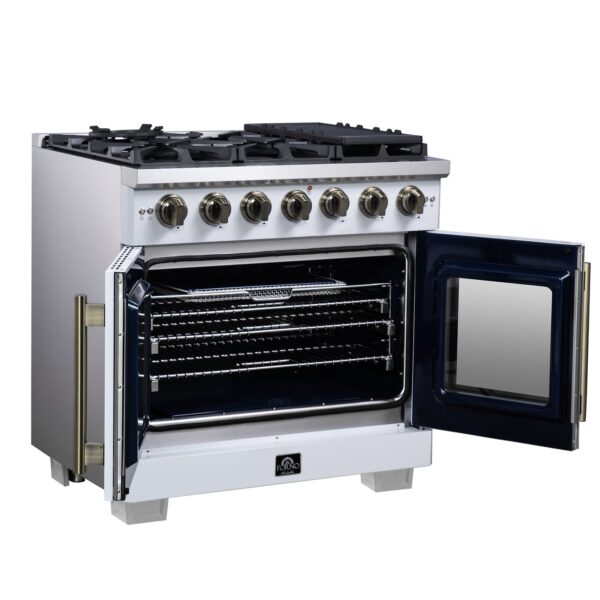 Forno Capriasca 36-Inch White Freestanding French Door Gas Range, 6 Burners, Convection Oven, Energy Efficient