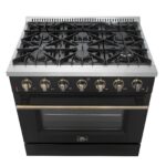 Forno Galiano 36-inch Freestanding Gas Range in Black with Antique Brass Design, 6 Burners, 83,000 BTU, 5.36 cu.ft. Convection Oven