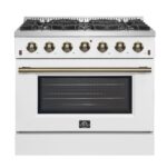 Forno Galiano 36-inch Freestanding Gas Range in White with Antique Brass Design, 6 Burners, 83,000 BTU, 5.36 cu.ft. Convection Oven
