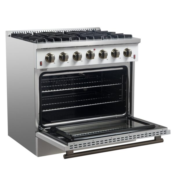 Forno Galiano 36-inch Freestanding Gas Range in White with Antique Brass Design, 6 Burners, 83,000 BTU, 5.36 cu.ft. Convection Oven