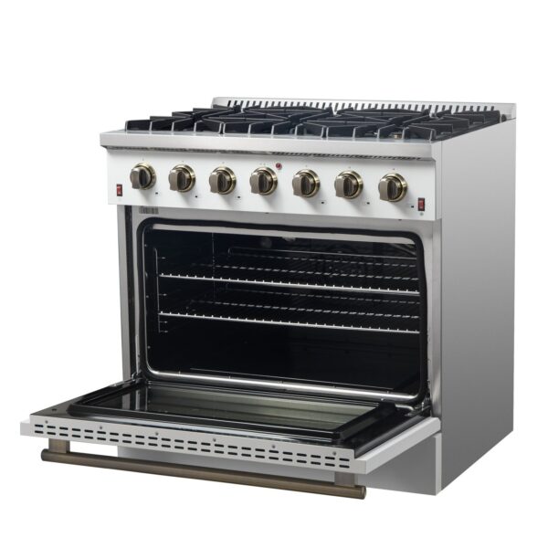 Forno Galiano 36-inch Freestanding Gas Range in White with Antique Brass Design, 6 Burners, 83,000 BTU, 5.36 cu.ft. Convection Oven