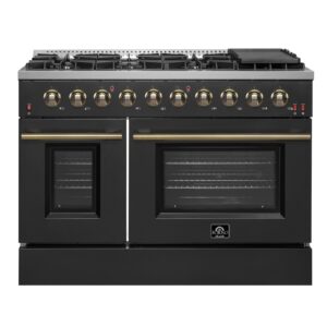 FORNO Galiano 48-inch Gas Range Black & Antique Brass Design, 8 Burners, 107,000 BTU, Griddle, 6.58 cu.ft. Double Ovens