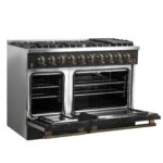 FORNO Galiano 48-inch Gas Range Black & Antique Brass Design, 8 Burners, 107,000 BTU, Griddle, 6.58 cu.ft. Double Ovens