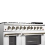 FORNO Galiano 48-inch Gas Range White & Antique Brass Design, 8 Burners, 107,000 BTU, Griddle, 6.58 cu.ft. Double Ovens