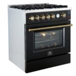 Giovanni 30-inch Gas Range Black & Antique Brass Design, 5 Burners 67,000 BTU, 4.32 cu.ft