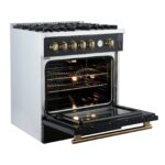 Giovanni 30-inch Gas Range Black & Antique Brass Design, 5 Burners 67,000 BTU, 4.32 cu.ft