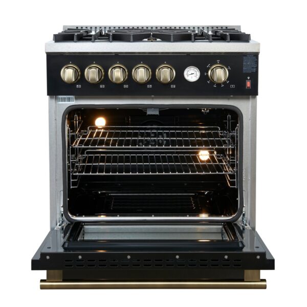 Giovanni 30-inch Gas Range Black & Antique Brass Design, 5 Burners 67,000 BTU, 4.32 cu.ft