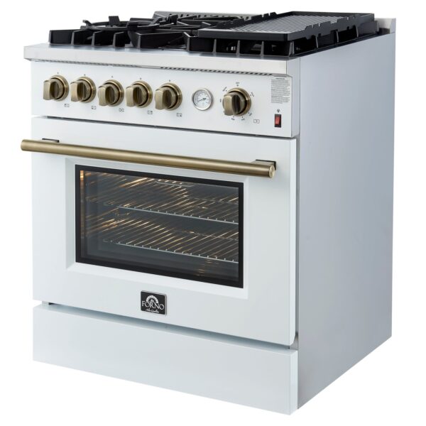Giovanni 30-inch Gas Range White & Antique Brass Design, 5 Burners 67,000 BTU, 4.32 cu.ft