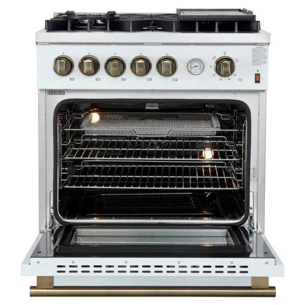 Giovanni 30-inch Gas Range White & Antique Brass Design, 5 Burners 67,000 BTU, 4.32 cu.ft