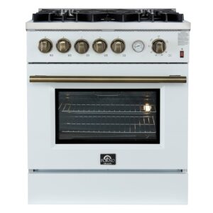 Giovanni 30-inch Gas Range White & Antique Brass Design, 5 Burners 67,000 BTU, 4.32 cu.ft
