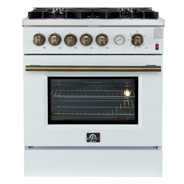 Giovanni 30-inch Gas Range White & Antique Brass Design, 5 Burners 67,000 BTU, 4.32 cu.ft