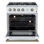 Marco 30-inch Gas Range White & Antique Brass Design, 4 Burners 37,000 BTU, 4.32 cu.ft
