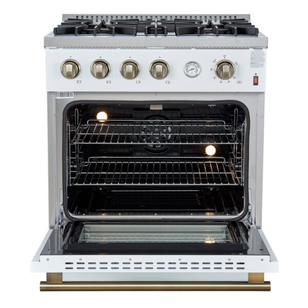 Marco 30-inch Gas Range White & Antique Brass Design, 4 Burners 37,000 BTU, 4.32 cu.ft