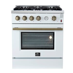 Marco 30-inch Gas Range White & Antique Brass Design, 4 Burners 37,000 BTU, 4.32 cu.ft