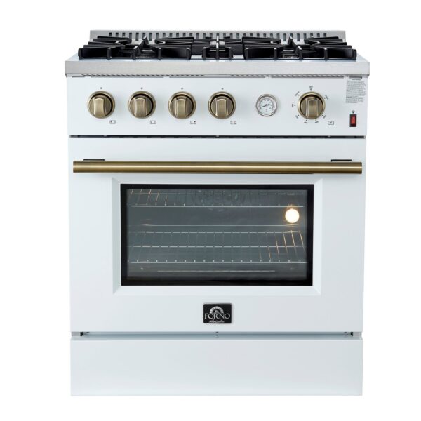 Marco 30-inch Gas Range White & Antique Brass Design, 4 Burners 37,000 BTU, 4.32 cu.ft