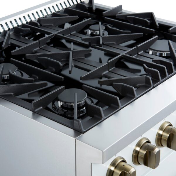 Marco 30-inch Gas Range White & Antique Brass Design, 4 Burners 37,000 BTU, 4.32 cu.ft
